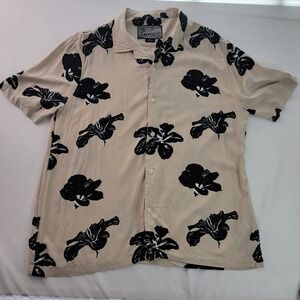 Brooklyn Cloth Men's Flowers Rayon Button Up Shirt Size L Hawaiian Beige Soft